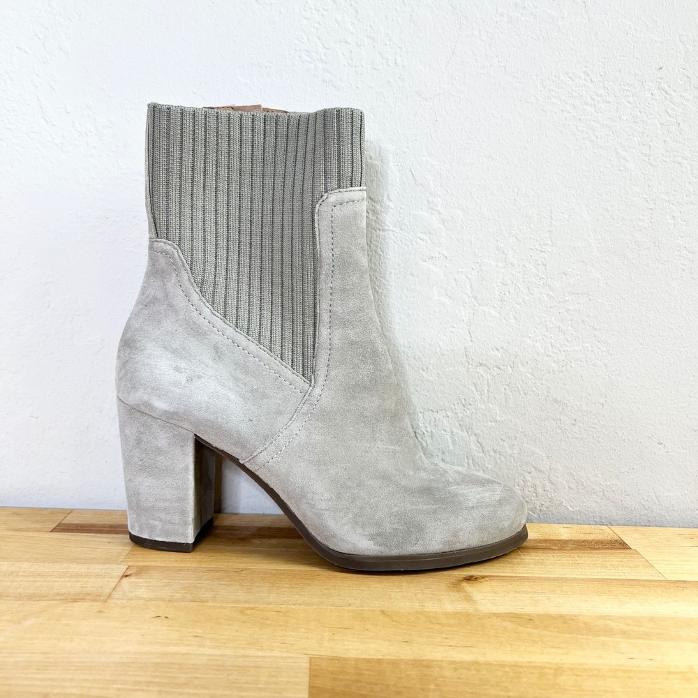 Vionic Booties Kaylee Gray Suede Block Heel Side Zip Ankle Boots Knit Size 7